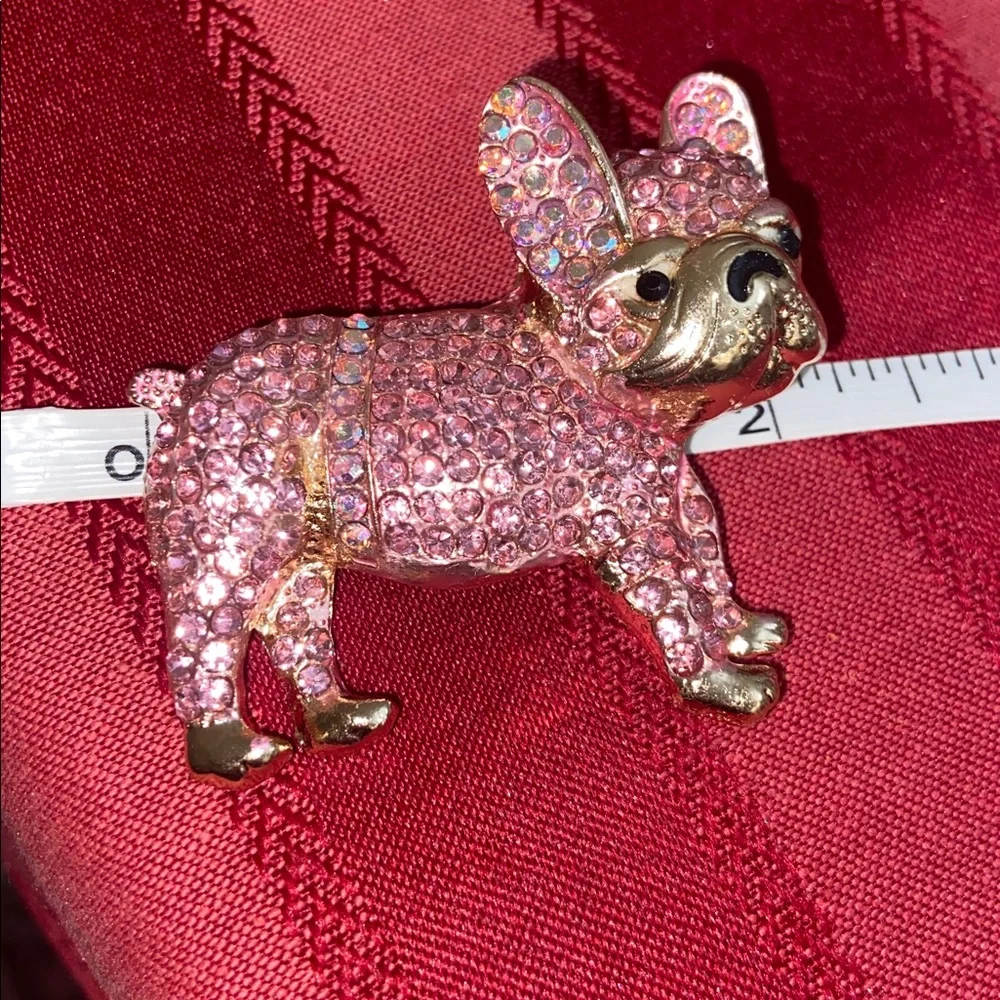 NEW Pink Rhinstoned & Gold Tone French Bulldog Broach & Pendant
